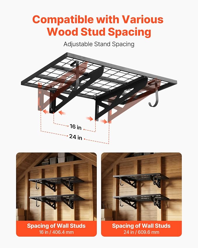 VEVOR 2-Pack Heavy Duty Garage Wall Shelving, 2 x 3 ft Steel Wall Mounted Shelving Unit with Hooks, 24 x 36 Inch Per Shelf Floating Storage Metal Rack for Garage, 500 lbs Total Weight Capacity