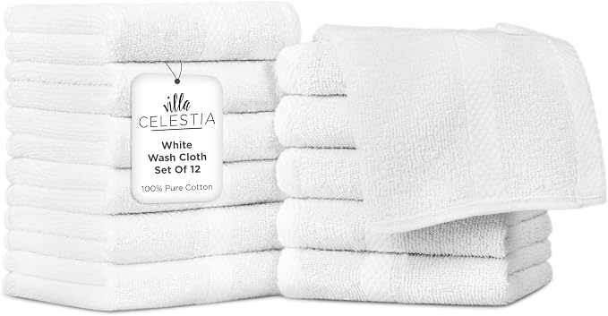 Villa Celestia Cotton Washcloths Set of 12, 12x12 Inch, 100% Ring-Spun Combed Cotton, Soft Absorbent Quick-Dry Wash Cloths for Face and Body, Oeko-TEX Certified, Hotel & Spa Quality, White