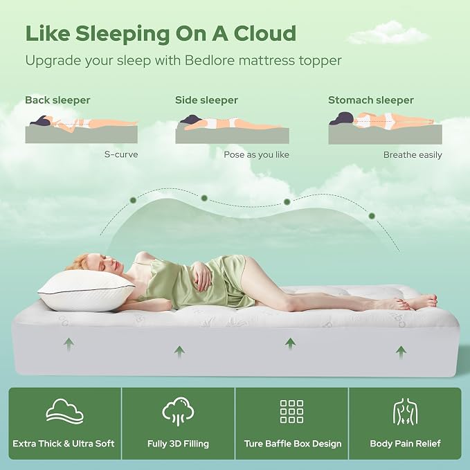 BEDLORE Twin XL Mattress Topper Viscose Derived from Bamboo, Thick Pillow Top Mattress Pad with Deep Pockets for 6-15 inches Mattress, Soft Mattress Topper College Dorm Size for Back Pain Relief