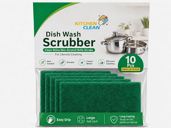 ™ 10 Pcs Large Kitchen Scrub Pads | Dish wash Scrubber | Non Scratch - Durable - Long skrab Lasting | Clean Shine Brite Utensils (Green, Large 4x6 inch, Pack of 10 Pcs)
