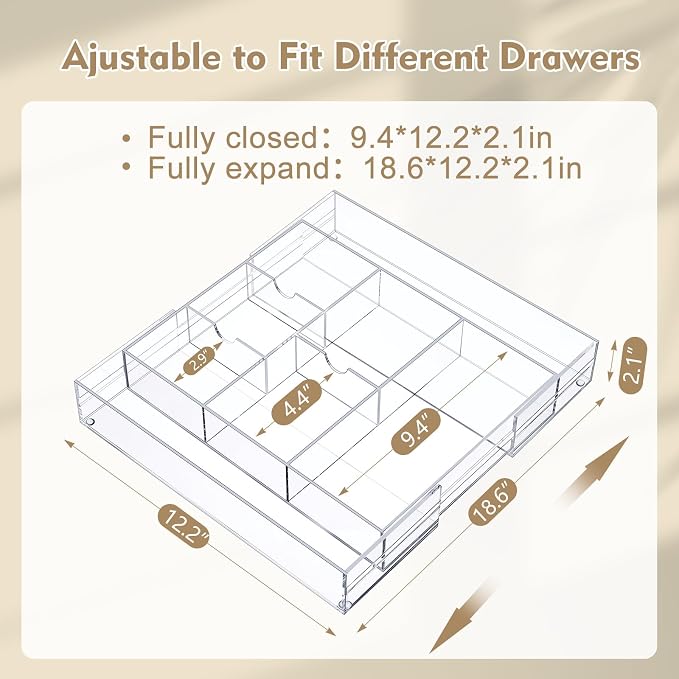 Briwooody 1 Pcs Acrylic Desk Drawer Organizer 9'' up to 18'' x 12'' x 2.1'' Expandable Drawer Organizer Trays with 8 Adjustable Compartments Clear Desk Accessories for Makeup Office Bathroom