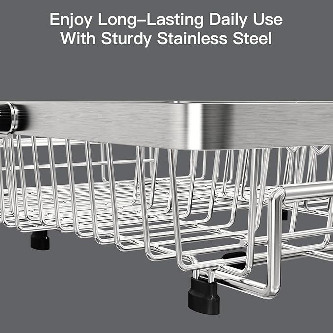 Dish Drying Rack Over The Sink with Utensil Holder, Mat | Expandable Stainless Steel Dish Drainer for Small Kitchen, Apartment, RV, Counter Space Saving, Perfect Fit, Rustproof