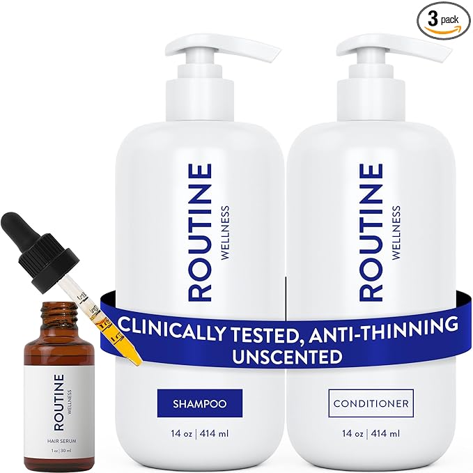 Routine Wellness Shampoo and Conditioner Set and Hair Serum for Thinning Hair - DHT Blocker Women & Men - Color Safe Shampoo for Hair Loss & Healthier Hair - Unscented Set + Hair Serum