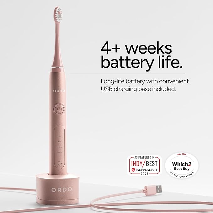 ORDO Sonic+ Electric Toothbrush for Adults, Advanced Smart Tech, 4 Brushing Modes, Fast Rechargeable, Sonic Toothbrushes Over 4 Weeks Battery Life, Silicone Polishing Element, USB Charger, Rose Gold
