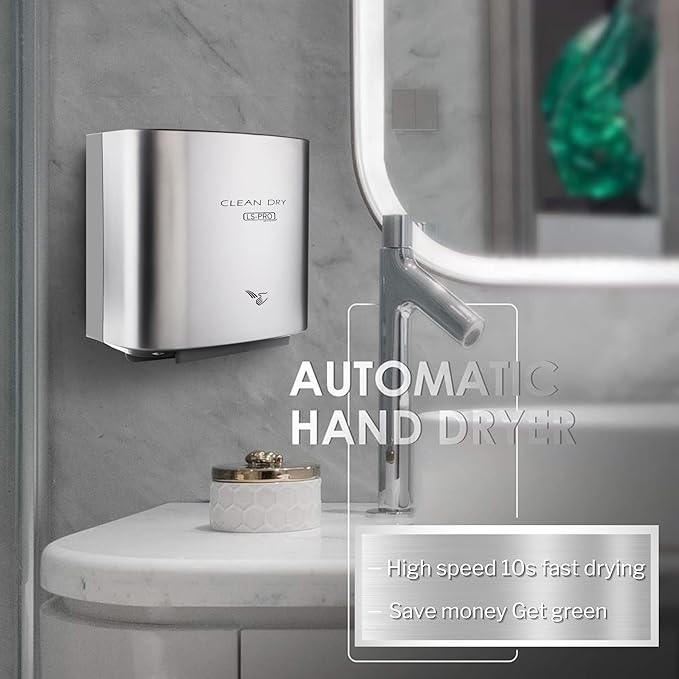 LS-PRO Automatic Hand Dryer for Commercial Bathrooms. High Speed Hot Air, Dry Hands in 7s. No Touch Operation with Infrared Sensor. Easy & Fast Installation. Low Noise 60 dB. 1 year warranty