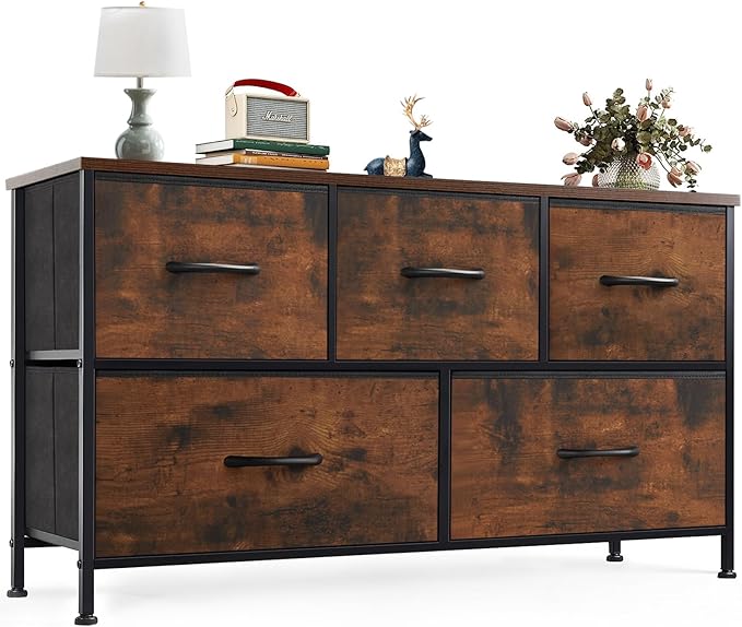 OLIXIS 5 Drawer Dresser for Bedroom, Wide Fabric Storage Tower, Brown | Closet Chest Organizer Furniture, TV Stand for Living Room, Wooden Top and Metal Frame
