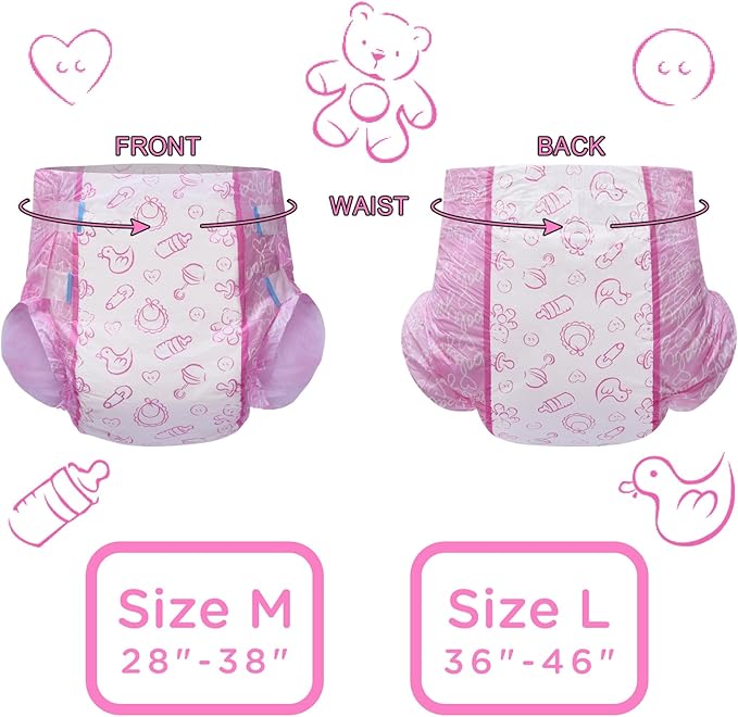 Littleforbig Adult Printed Diaper 10 Pieces - Nursery Pink (Large 36"-46")