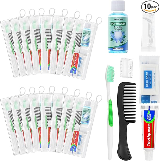 10 Set Personal Care Travel Toiletries Sets Bulk,8-IN-1 Disposable Toothbrushes with Toothpaste and Floss,Mouthwash,Comb,Soap,Cover,Zip Bag Toiletry Travel Toothbrush Kit for Homeless,Hotel,Charity