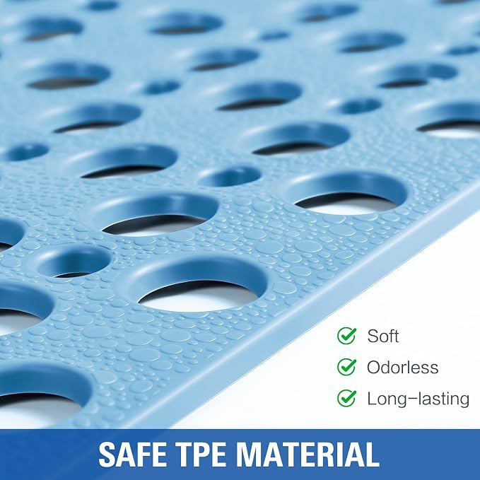OTHWAY Large Shower Mat, 47"x 32" TPE Anti Slip Shower Mat, Heavy Bath Mats for Shower with Drain Holes Suction Cups, Shower Stall Mat for Bathroom, No Odor Shower Grip Mat for Elderly Kids(L-Blue)