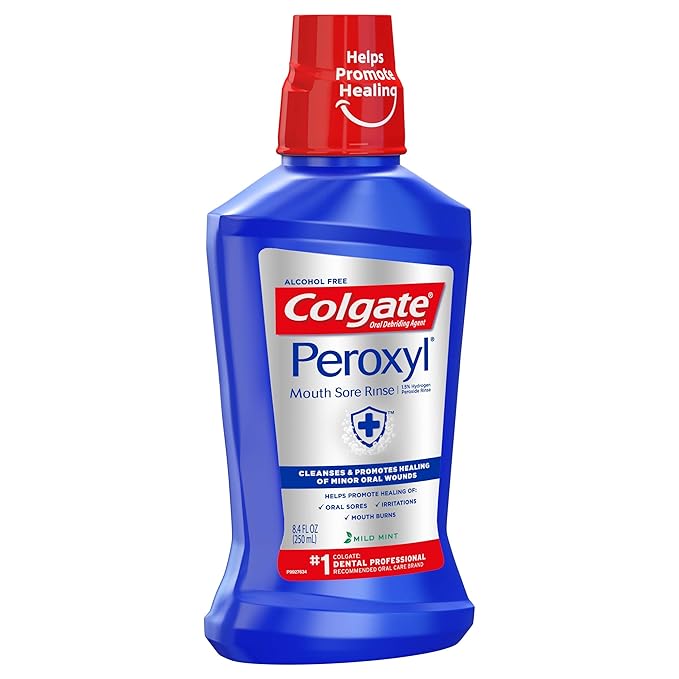 Colgate Peroxyl Alcohol Free Mouthwash with 1.5% Hydrogen Peroxide, Mouth Sore Rinse for Canker Sores, Oral Irritations, and Burns, Mild Mint, 8.4 fl oz Bottle