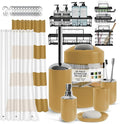 Clara Clark Bathroom Accessories Set - Bathroom Set with Adhesive Corner Shower Caddy Hanging, 25PC Bathroom Accessory Set, Gold Shower Curtain Set, Toilet Brush, Trash Can & Soap Dispenser