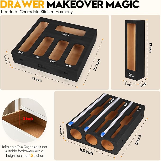 9 in 1 Foil and Plastic Wrap Dispenser with Cutter, Black Bamboo Ziplock Bag Organizer for Drawer - Holds Gallon, Quart Bags & Aluminum Foil/Wax Paper, Wall Mountable Kitchen Storage