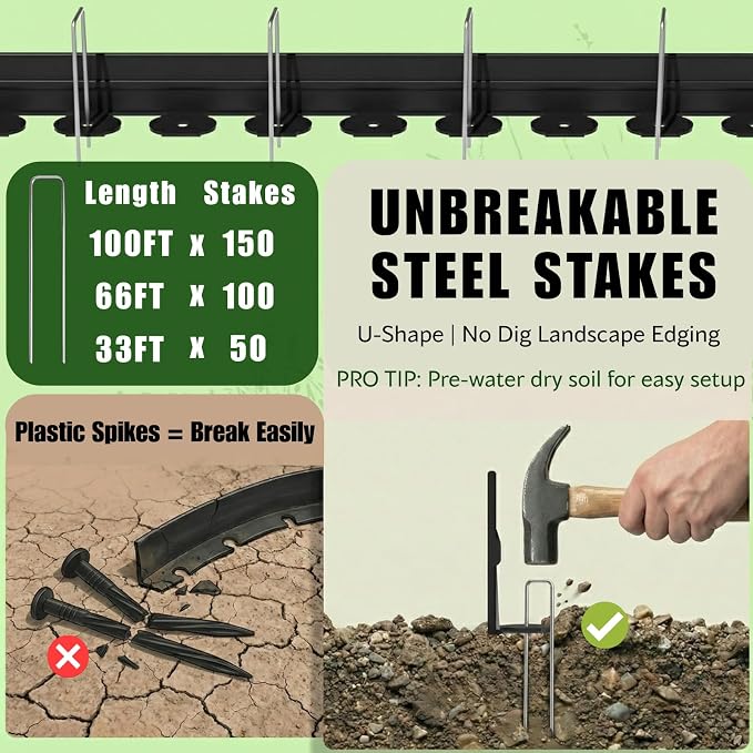 Bluepro Landscape Edging, 2 Inch 100 ft Garden Border Edging | 150 Steel Stakes, Upgraded Reinforced Design, Durable Plastic Landscaping Border for Flower Beds, Lawn & Yard