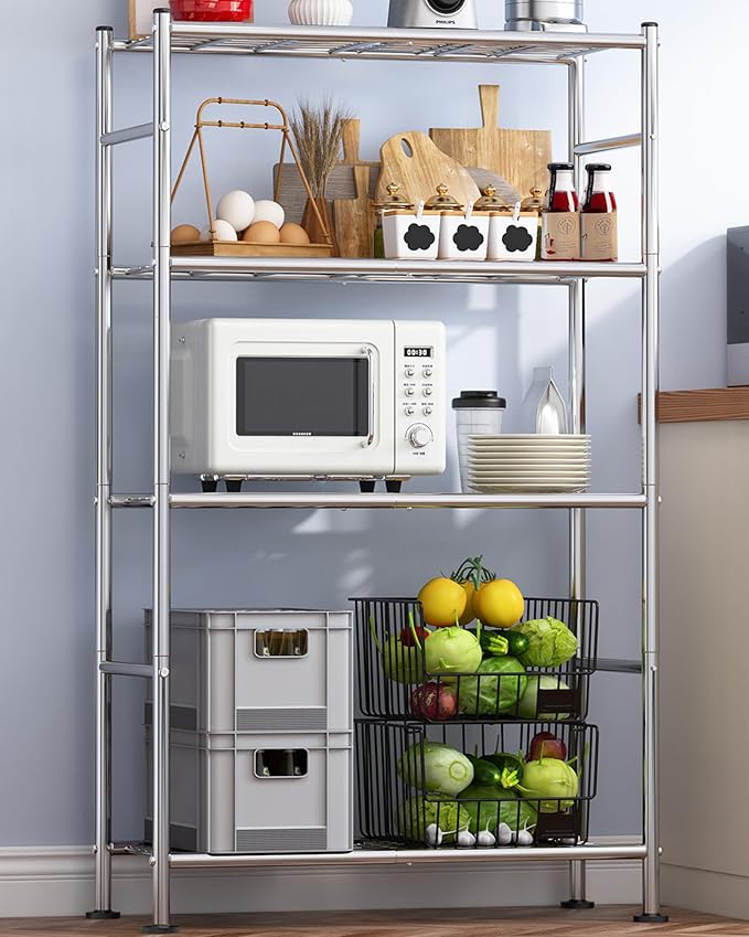 Sakugi Storage Shelves - 4 Tier Shelf Organizer, Heavy Duty Garage Shelving Unit with Leveling Feet, Stable Metal Shelves Organizer for Pantry, Kitchen and Closet, 33.0" W x 12.6" D x 57.2" H, Silver