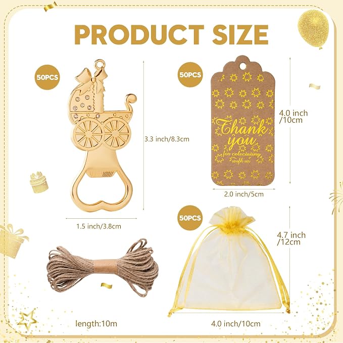 50 Pack Baby Stroller Bottle Opener Favors, Baby Shower Bottle Opener Favors with Thank You Tags & Organza Bags, Baby Shower Party Favors for Guests, Baby Shower Return Gifts