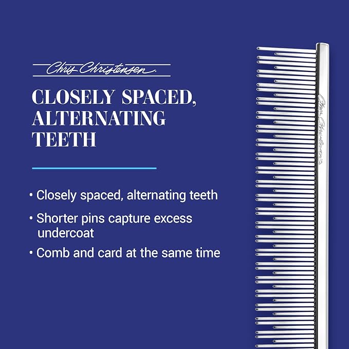 Chris Christensen 6in Cat/Carding Dual Tooth Butter Comb, Groom Like a Professional, Rounded Corners Prevent Friction and Breakage, Solid Brass Spin with Steel Teeth, Chrome Finish