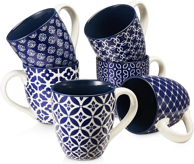 DOWAN Coffee Mugs Set of 6, 16 oz Large Porcelain Coffee Cups with Handle for Coffee Tea and Cocoa, Ceramic Coffee Mug for Women Men, Housewarming Wedding Gift, Vintage Blue