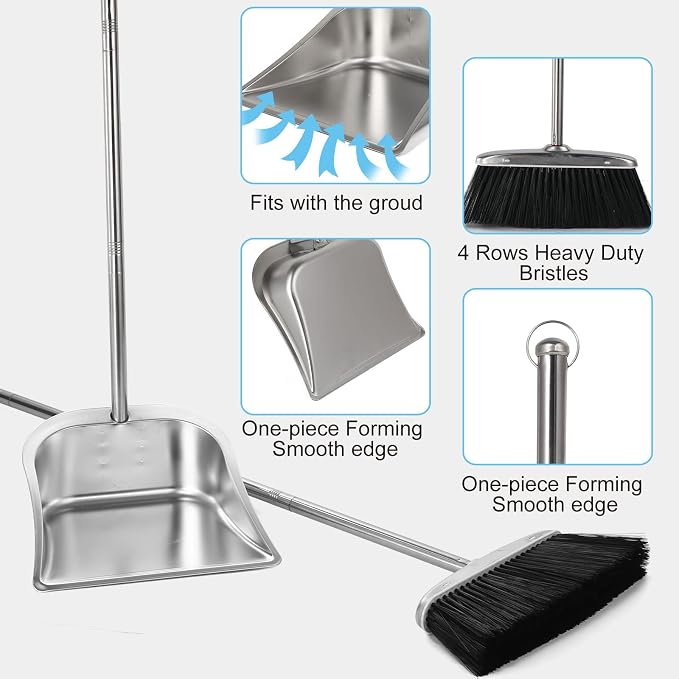 VOOWO Heavy Duty Broom and Dust pan Set, Stainless Steel Broom and Dustpan Set with Long Handle, Broom with Dustpan Set for Home Standing Dust Pan Indoor Outdoor Brooms Dustpan
