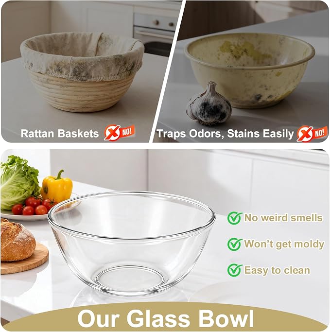 Keway 4.7 Quart Large Glass Mixing Bowl with Lid,Large Glass Bowl for Sourdough Bread Making,Kitchen Salad Bread Storage