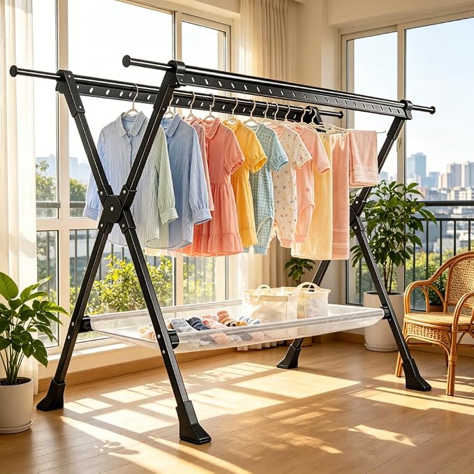 Telescopic Folding Floor Clothes Drying Rack, Thickened Steel Pipe, Household Balcony & Outdoor Clothes Hanging Rod with Drying Net (Large)