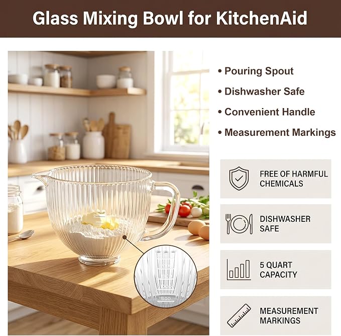 Glass Mixer Bowl for KitchenAid Tilt-Head Stand Mixers | 5Qt Replacement Mixing Bowl with Handle, Measurement Markings & Pour Spout, Glass Bowl for Kitchen Aid 4.5-5 Quart Models
