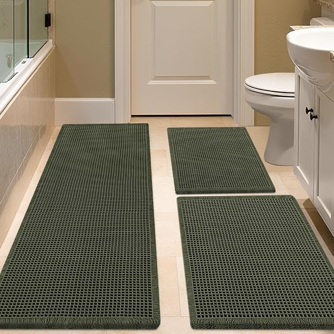 IM HOME Waffle Bath Mat Set Dark Green 3 Piece,Woven Modern Bath Rug Mats, Absorbent Non Slip Bath Floor Mat, Soft Washable Boho Bath Rugs with Tassels for Bathroom, Bedroom, Kitchen,Tub