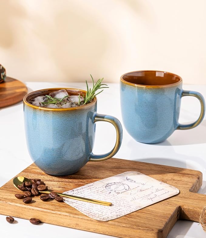 LERATIO Ceramic Coffee Mugs Set of 6,12oz Handmade Coffee Mugs Set | Large Handle for Cappuccino/Latte/Tea/Hot Cocoa,Oven &Dishwasher & Microwave Safe-Ocean Blue
