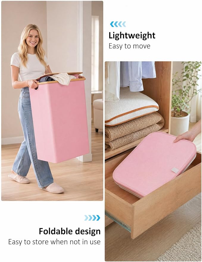 iEGrow Laundry Hamper with Lid, 110L Large Laundry Basket with Handle and Lid, Collapsible Clothes Basket Organizer with Removable Inner Bag for Clothes Towels,Pink