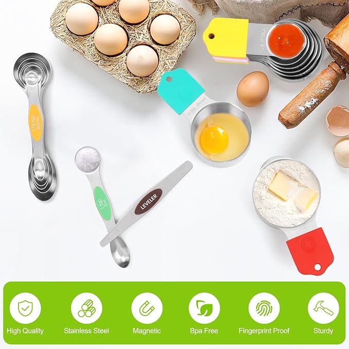 Magnetic Measuring Cups and Spoons Set | 16-Piece Stainless Steel Metal Baking Essentials (8 Cups +7 Spoons + 1 Leveler) with Space-Saving Design | Cookware Gift Idea