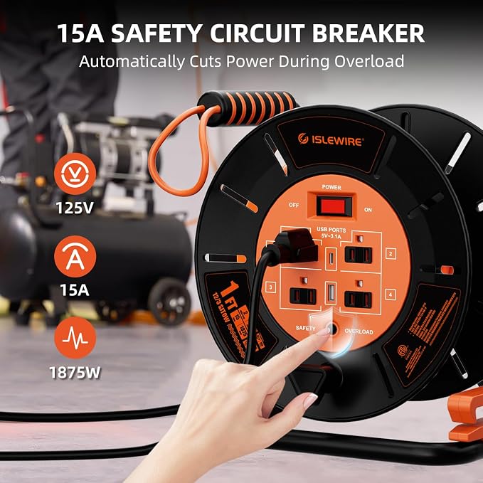 Extension Cord Storage Reel with 4-Grounded Outlets & 2 USB Ports, Heavy Duty Open Cord Reel for 12/3,14/3,16/3 Gauge Power Cord, Hand Wind Retractable, 15A Circuit Breaker, ETL Listed, Orange