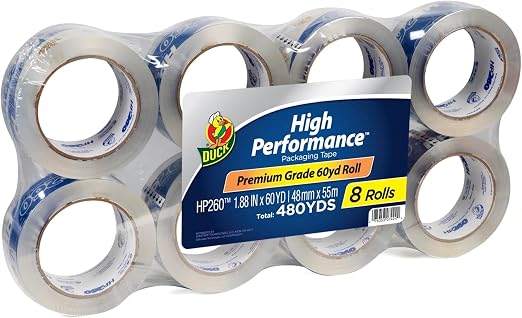 Duck High Performance Clear Packing Tape Refills - 8 Rolls of HP260 Strong Packaging Tape for Shipping, Moving, Mailing & Storage Boxes - 3" Core - 1.88 Inch x 60 Yards - Clear (1067839) (Pack of 6)