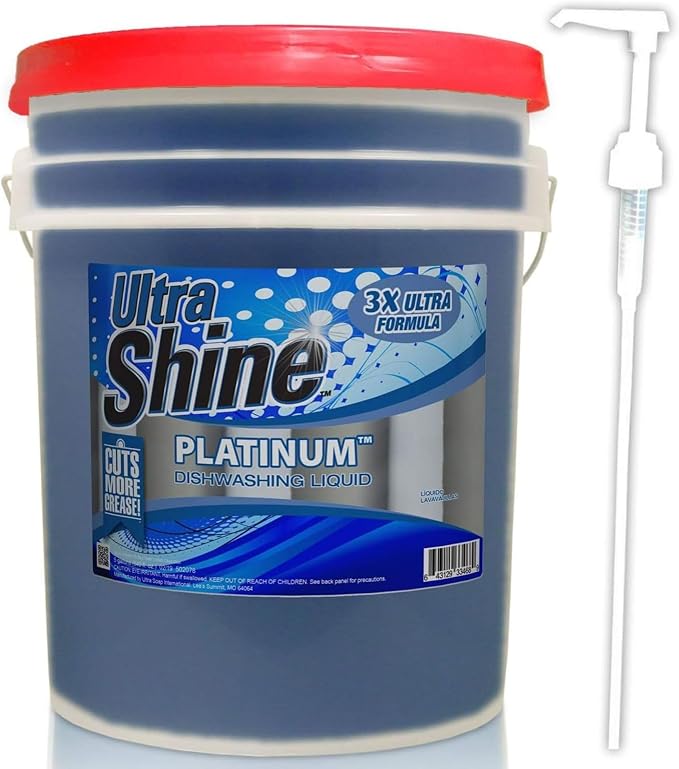 Ultra Shine 3X Platinum Concentrated Dishwashing Liquid Dish Soap, 5 Gallon Bucket - Bulk Refill Commercial Kitchen Degreaser with Grease Cleaning Power, Gentle on Hands and Skin