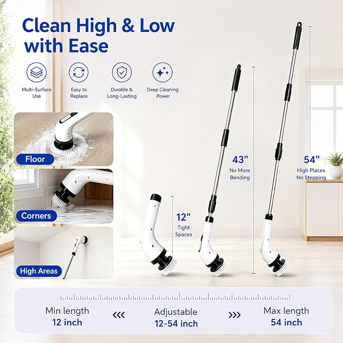 Highyes Electric Spin Scrubber for Bathroom, IPX7 Waterproof Shower Scrubber with Extendable Long Handle, Bathroom Cleaning Scrubber with 7 Reusable Brush Heads