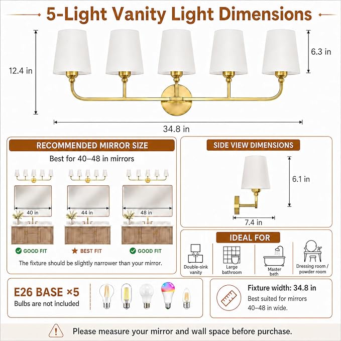Bathroom Vanity Light, Brushed Gold Bathroom Light Fixtures, 5-Light Lighting Fixtures Over Mirror, Modern Wall Sconce with Flared White Fabric Shade, E26 Socket(ETL Listed)
