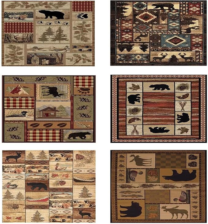 Cabin Moose Deer Rugs 5ftx7ft Wildlife Elk Bear Print Area Rug for Dining Living Room Bedroom Non-Slip Western Bear Indoor Entryway Mat