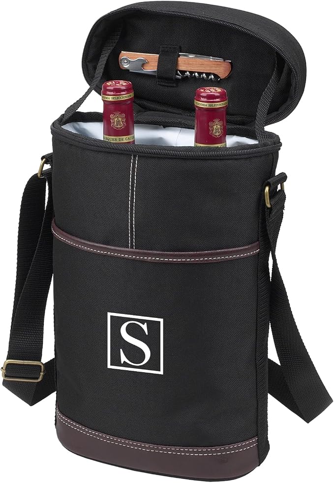 Picnic at Ascot Personalized Monogrammed Insulated 2 Bottle Travel Wine Tote with Corkscrew & Shoulder Strap -Designed & Assembled in the USA