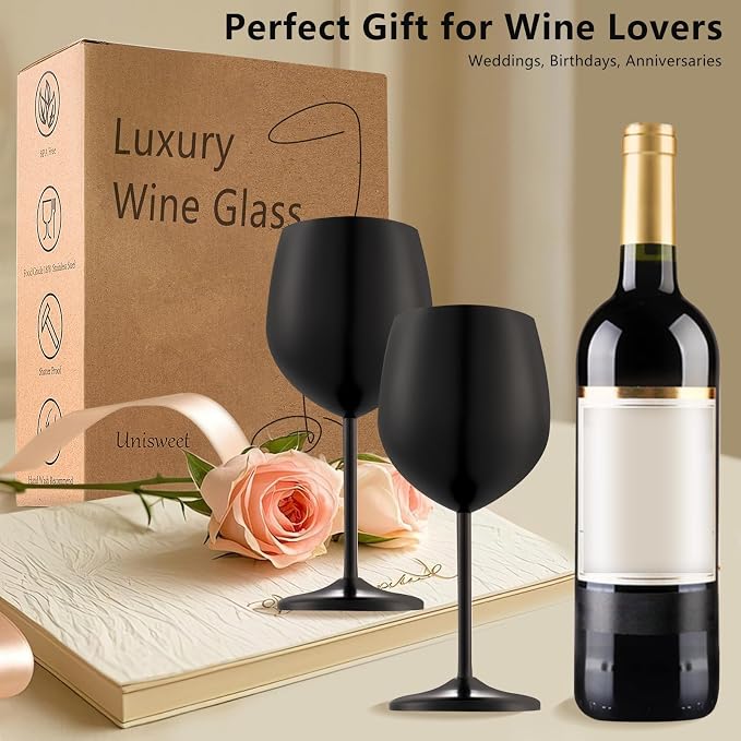 UNISWEET Unbreakable Stainless Steel Wine Glasses Set of 4, Matte Black | 17oz Unique Fancy Metal Wine Goblets, Shatterproof, Ideal for Outdoor, Camping, Travel, Pool, Great Gift for Wine Lovers