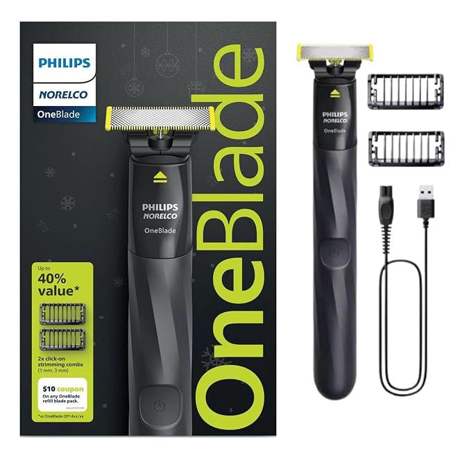 Philips OneBlade Trimmer & Shaver, Trim & Shave Any Length with Extra Skin Protection, Dual-Sided Blade, Waterproof Body Electric Razor, USB Charging, 2 Stubble Combs Included