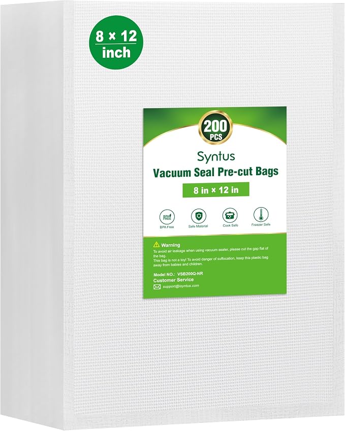 Syntus 200 Pcs Vacuum Sealer Bags for Food, Quart Size 8x12, BPA Free | Precut Bags, Sous Vide Microwave Freezer Safe, Meal Prep, Food Vacuum Storage, For All Vacuum Sealers