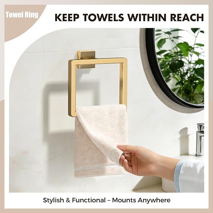 Bathroom Accessory Towel Bar Set: 10 Pieces Gold Bathroom Hardware Square SUS304 Stainless Steel - Wall Mounted Towel Rack&Toilet Paper Holder&Towel Ring and Towel Hook