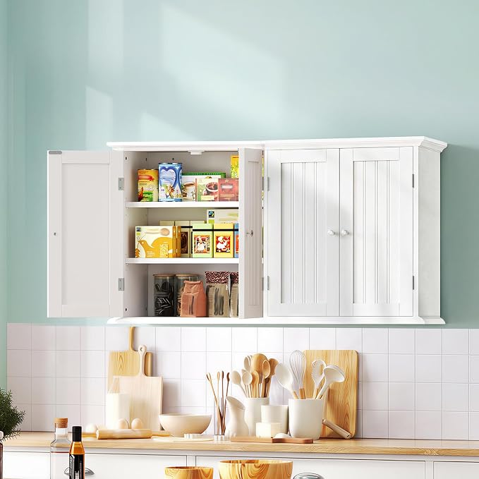 ChooChoo Bathroom Wall Cabinet with 4 Doors, Laundry Cabinet Wall Mounted, Medicine Cabinet with Adjustable Shelves, Hanging Kitchen Cupboard Organizer, White
