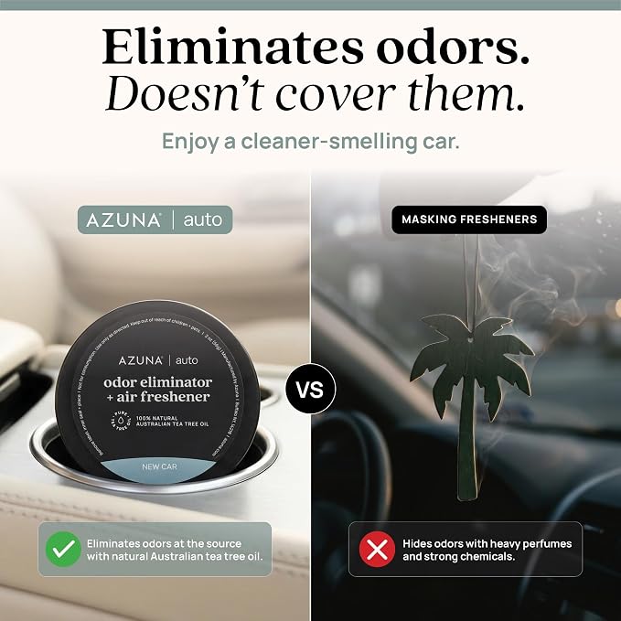 Azuna Car Air Freshener & Auto Odor Eliminator Pods Trio | New Car Scent | Plant Powered by 100% Australian Tea Tree Oil | Long Lasting and No harsh chemicals | Made in USA | 3 Pack of 2oz Pods