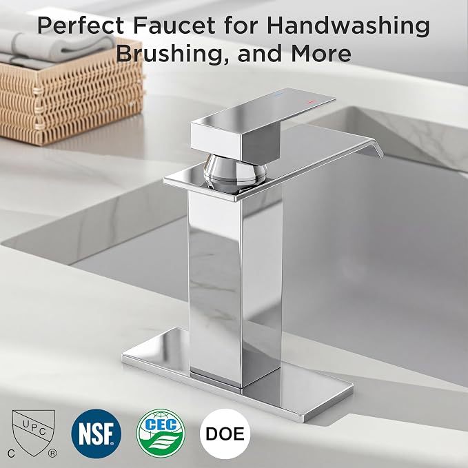 FORIOUS Bathroom Sink Faucets Chrome, Modern Waterfall Vanity Faucet 1 or 3 Hole Single Handle with Deck Plate and Drain, Suitable for Vanity Rv Camper Commerical