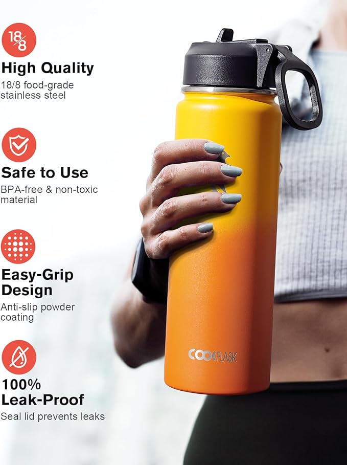 Coolflask Water Bottle 20 oz Insulated with Straw, Stainless Steel Metal 3 Lids Water Flask Wide Mouth for Sports or Office, Non-BPA Keep Cold Up to 48 Hrs or Hot Up to 24 Hrs, Ombre Yellow/Orange
