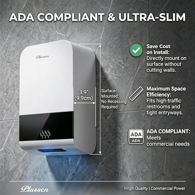Commercial Hand Dryer, ADA Compliant Ultra Slim (3.89"), High Speed Automatic Electric Hand Dryers for Bathrooms, 1000W Energy Efficient, Washable Filter, LED Indicator, 110V Plug-in