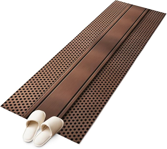Kitchen Runner Rug 2 x 6 Ft, Brown Metal Hole Laundry Room Rugs Indoor Non Slip Washable, Copper Net Eye Hole Pattern Decorative Carpet Long Mat for Sink/Hallway/Living Room