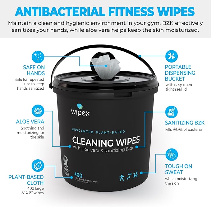 Wipex Gym & Fitness Cleaning Wipes, 400ct Dispensing Bucket with Sanitizing BZK for Hands, Great for Gym, Studios and Fitness Centers 400 Count (Pack of 1)