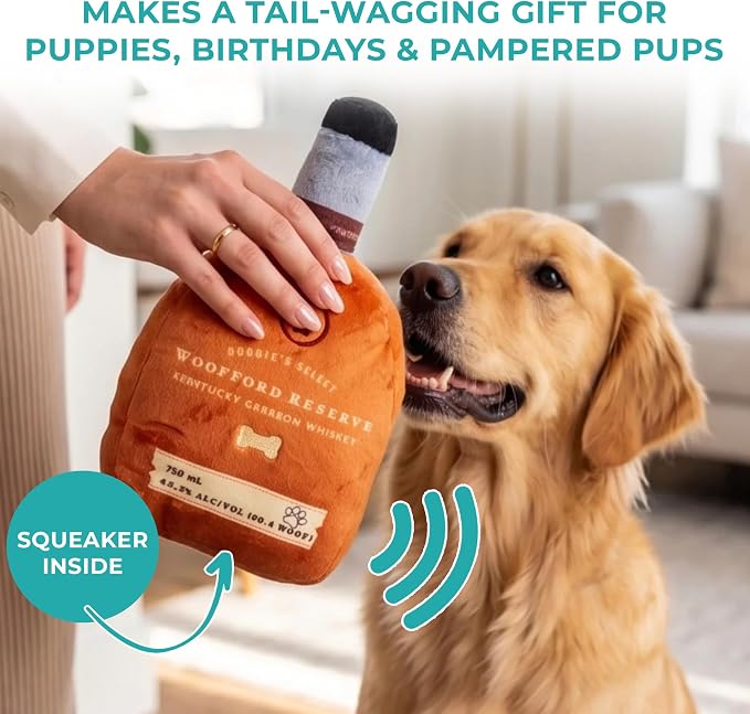 Haute Diggity Dog Woofford Reserve Bourbon Bottle Parody Plush Dog Toy for Medium & Large Dogs, Funny Drink-Inspired Stuffed Dog Toys with Interactive Squeaker, Machine-Washable, Durable & Safe