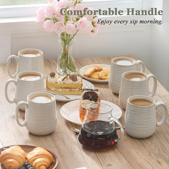 HASENSE Coffee Mugs, 15oz Ceramic Coffee Cups Set of 4, Clay-Infused White | Large Tea Cup with Comfortable Handle for Milk Cocoa Cappuccino, Prefect for Women Men Gift Dishwasher Microwave Safe