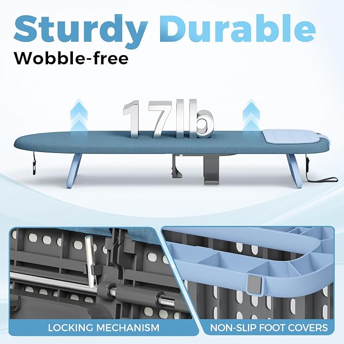 KINGBOARD Tabletop Ironing Board, Small Iron Board with Iron Holder, Foldable Mini Ironing Board, Easy Storage for Travel & Dorm, 12x32 Blue